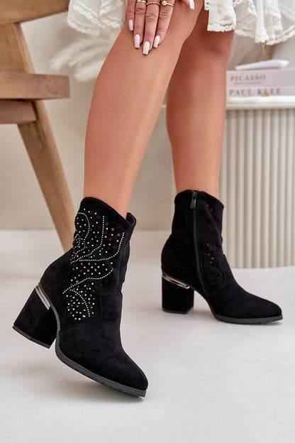 black lace heel boots front view