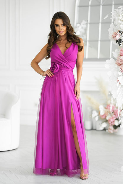 violet wrap belted long dress front view