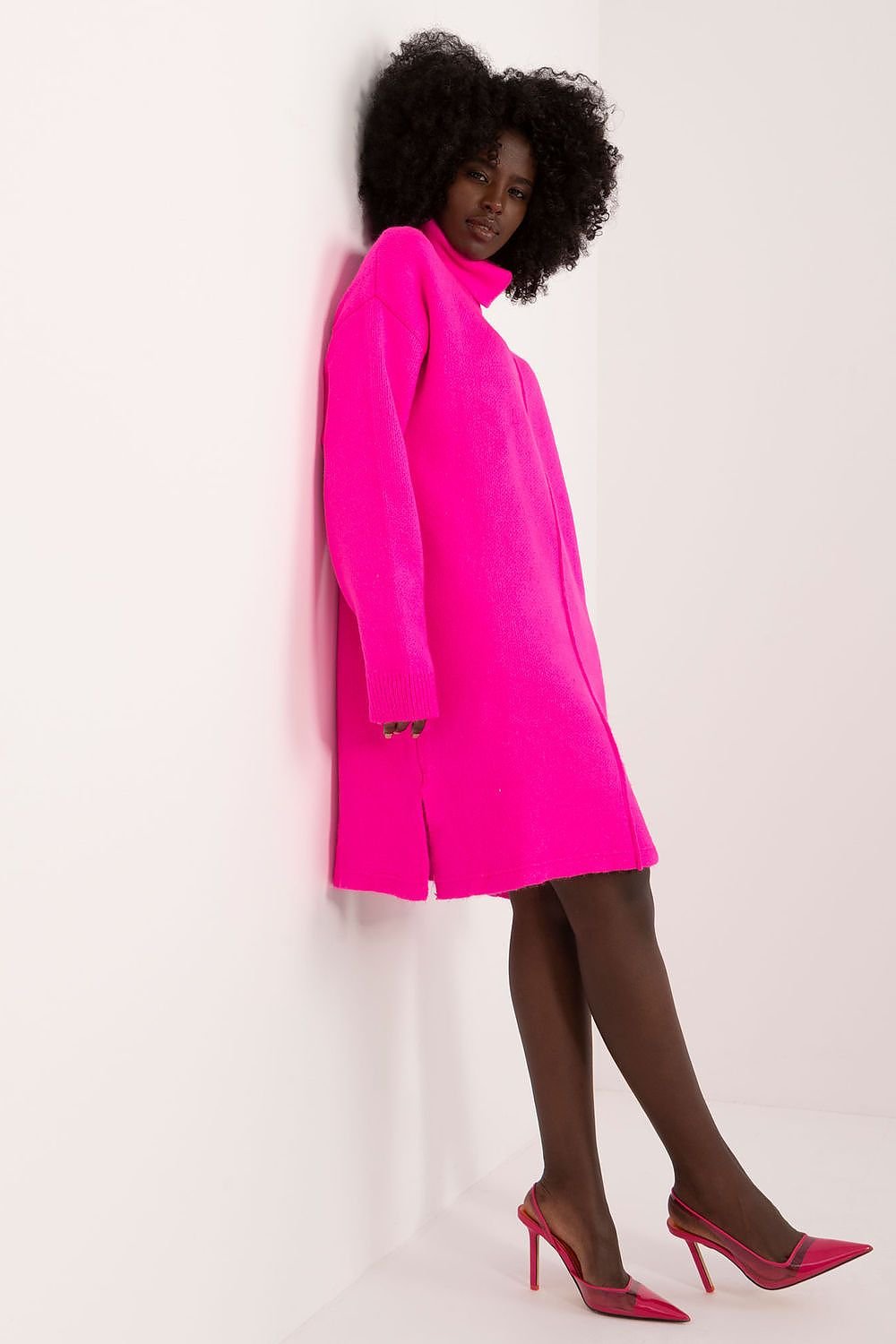 pink long sleeve turtleneck dresses front view