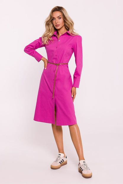 pink belted long sleeve dresses front view