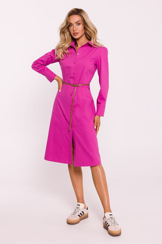 pink belted long sleeve dresses front view