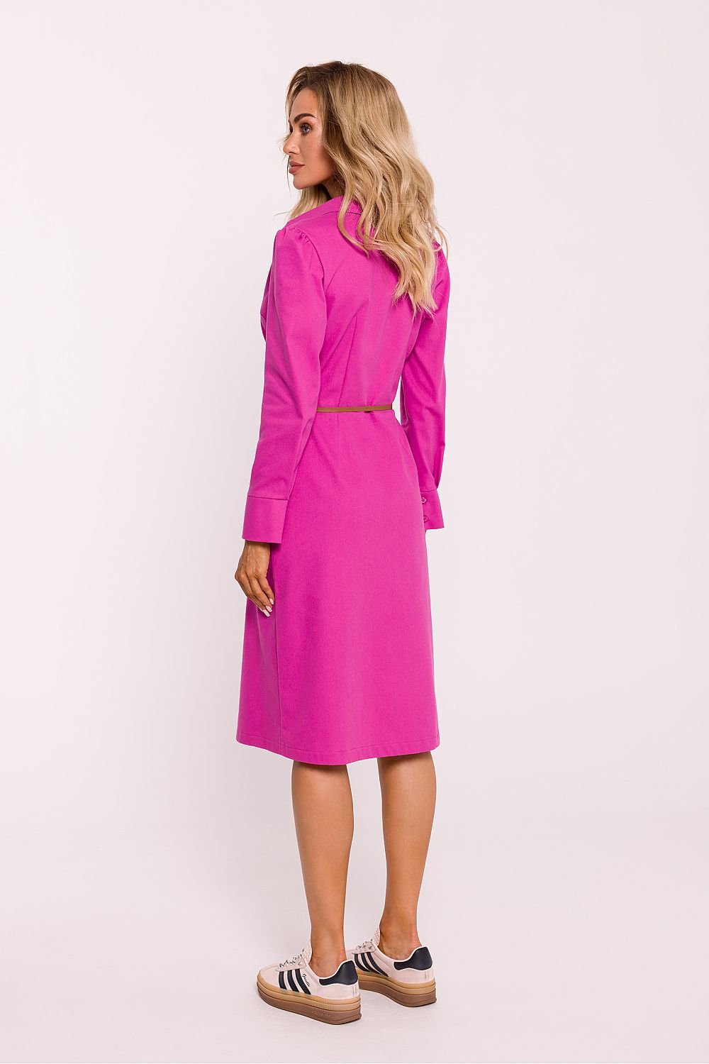 pink belted long sleeve dresses alternate angle