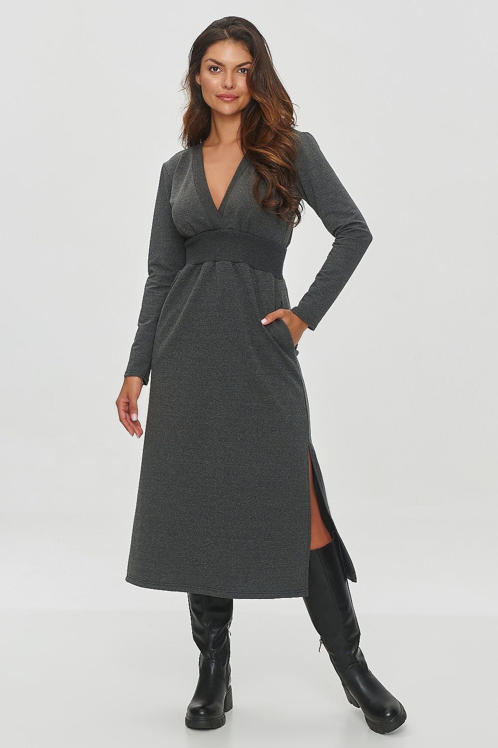 grey wrap flared dresses front view