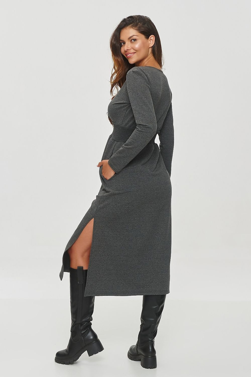 grey wrap flared dresses alternate angle