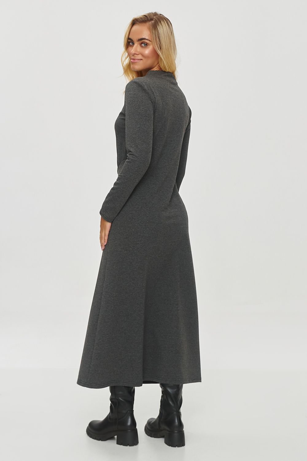 grey long sleeve midi dresses back view