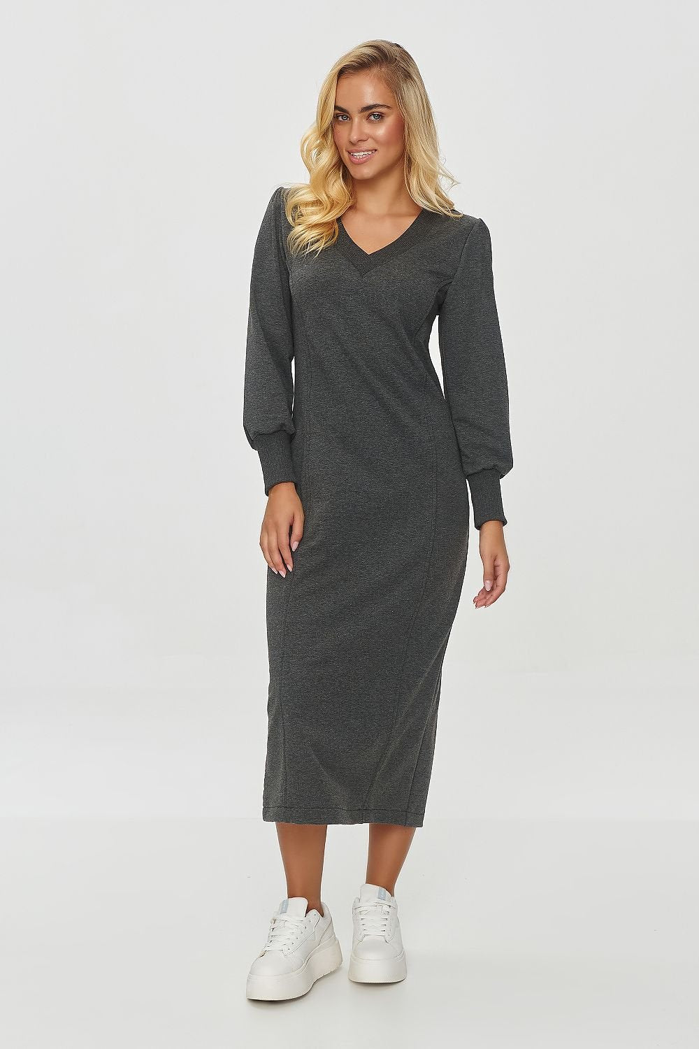 Grey Ribbed Long Sleeve Midi Dress – Elegant & Versatile
