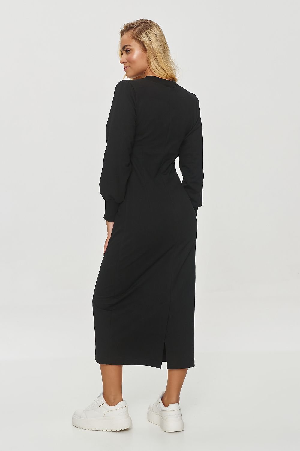 grey ribbed long sleeve dresses back view