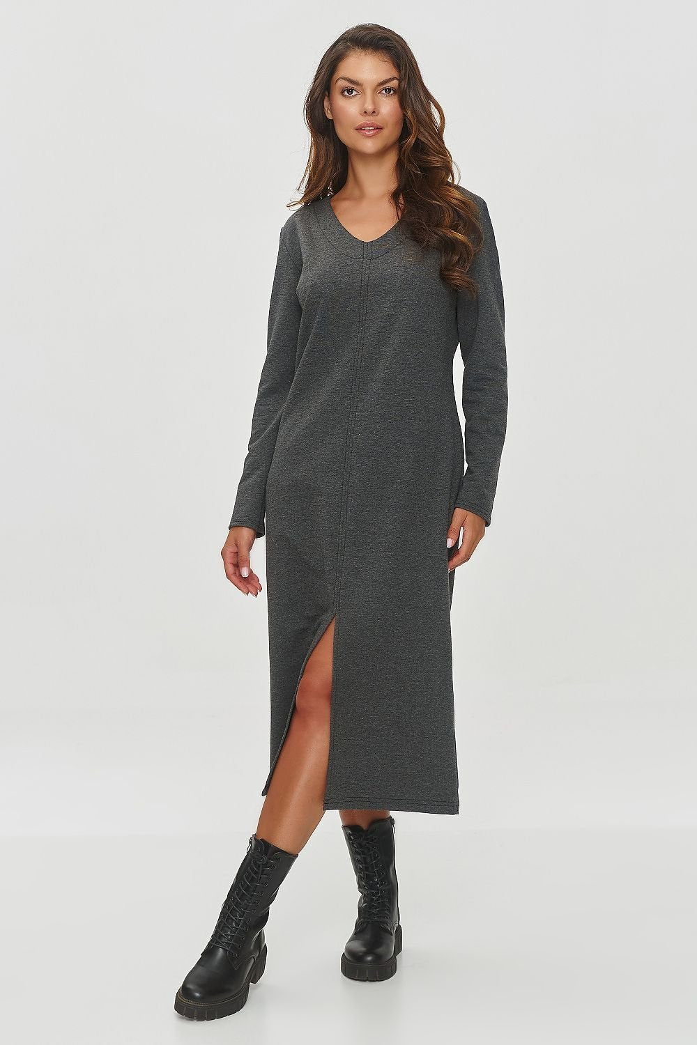 grey long sleeve v-neck dresses front view