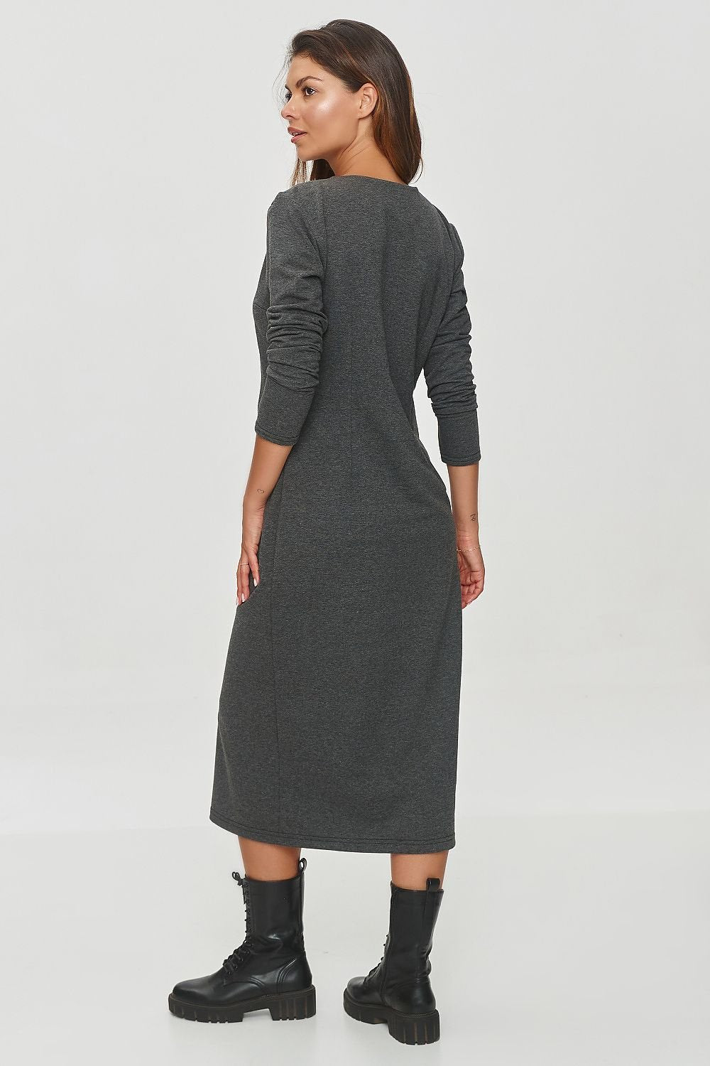 grey long sleeve v-neck dresses alternate angle