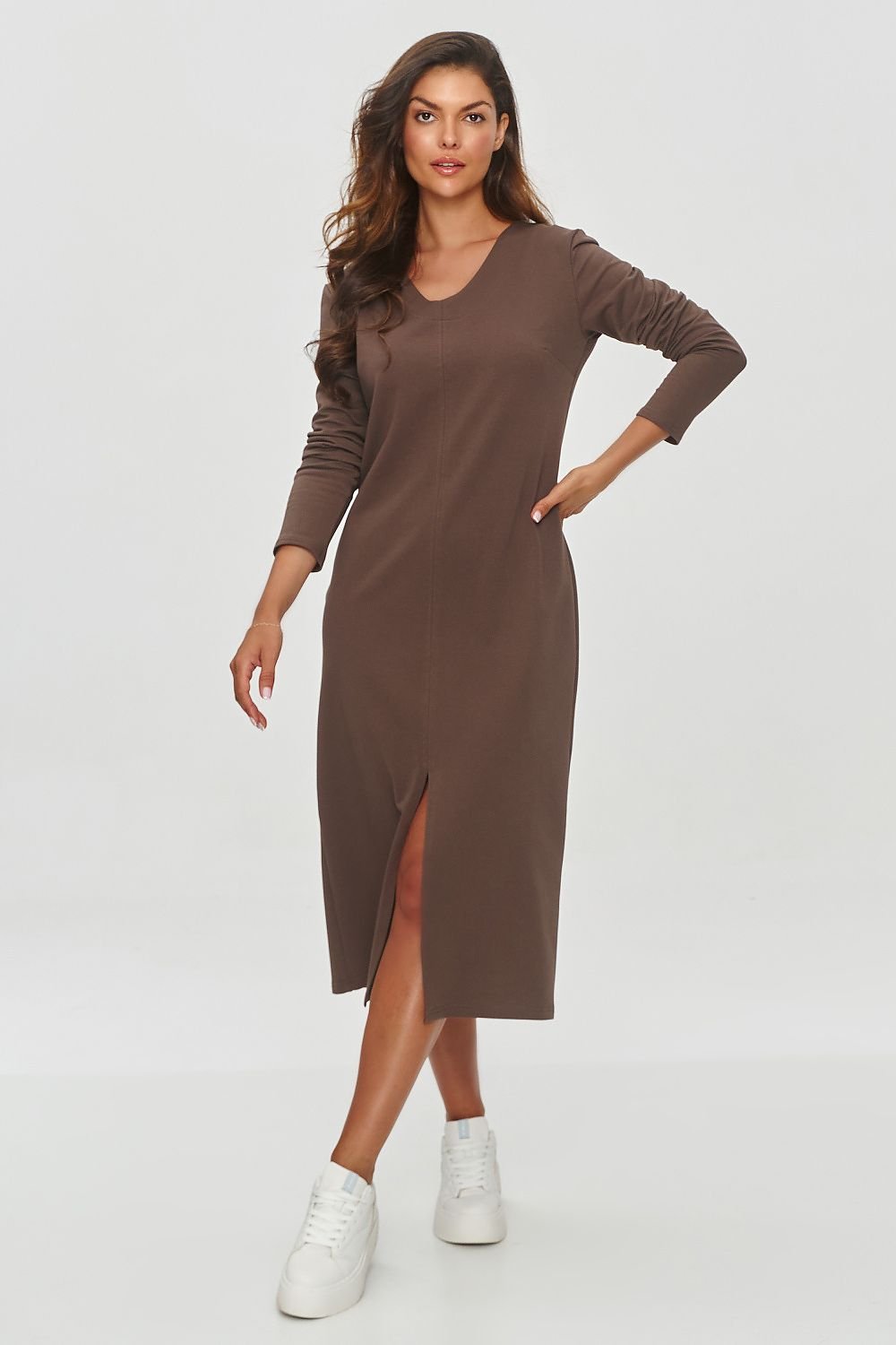 grey long sleeve v-neck dresses detail view