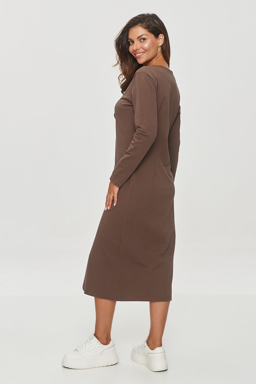 grey long sleeve v-neck dresses back view