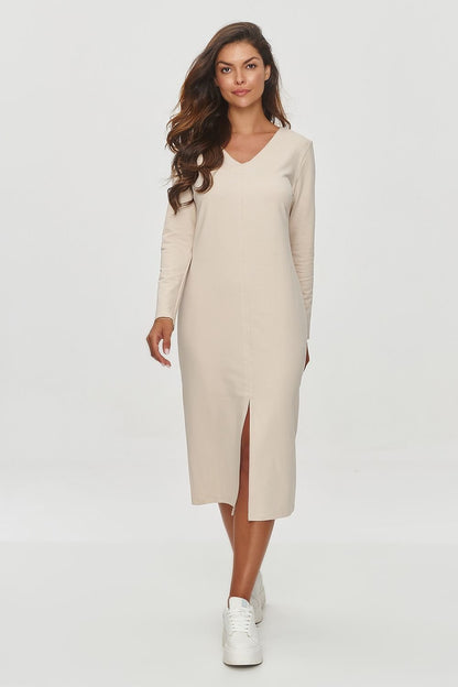 grey long sleeve v-neck dresses side view