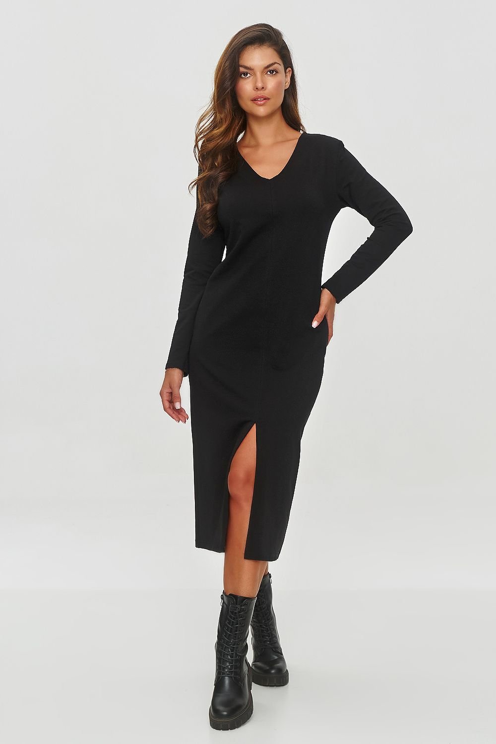grey long sleeve v-neck dresses view 7
