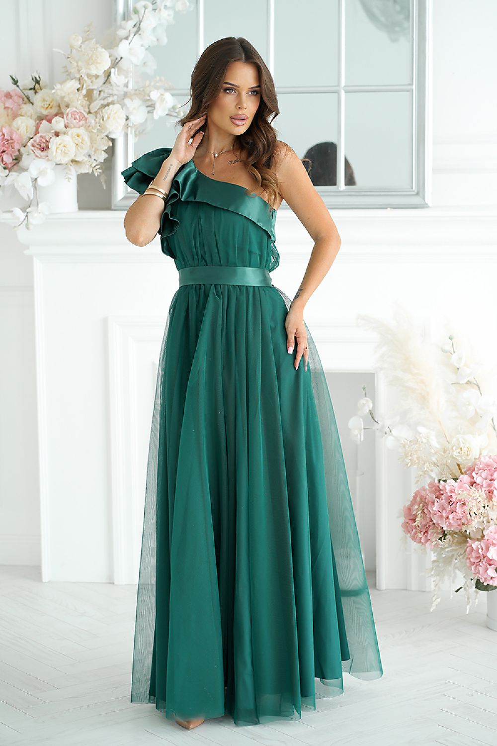 green evening dress front view