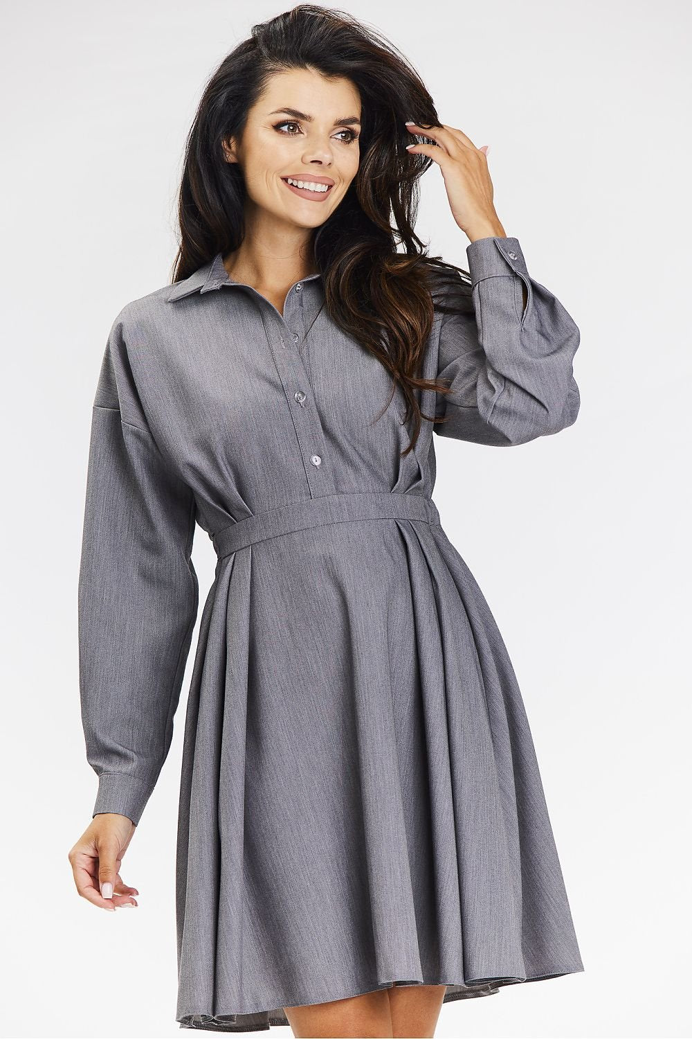 grey flared long sleeve day dress front view
