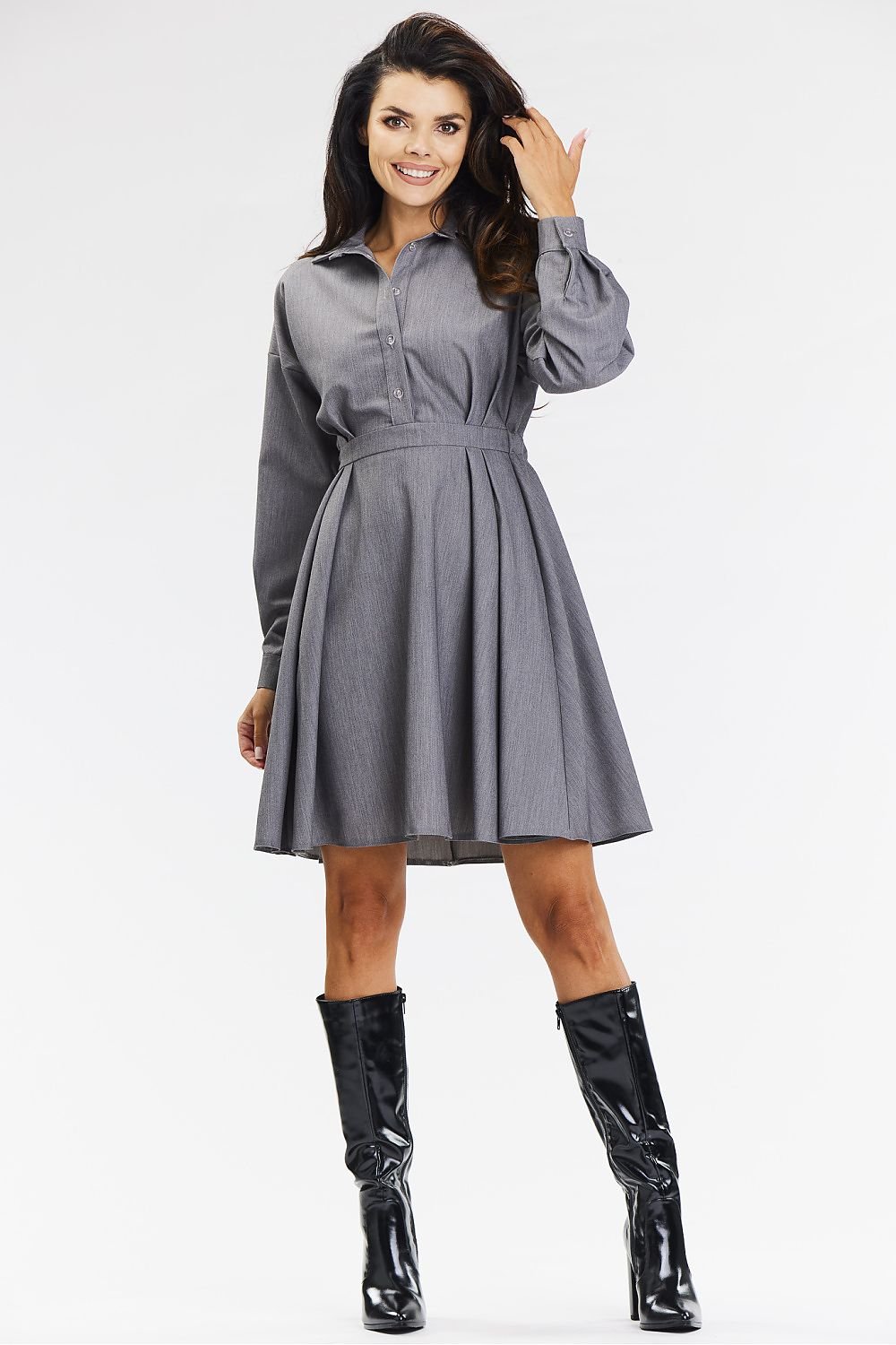 grey flared long sleeve day dress alternate angle