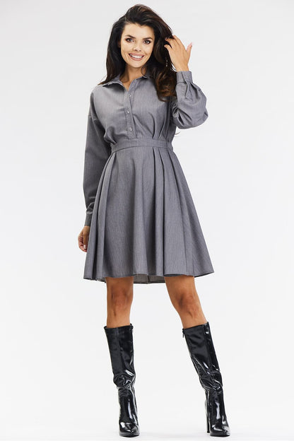 grey flared long sleeve day dress alternate angle