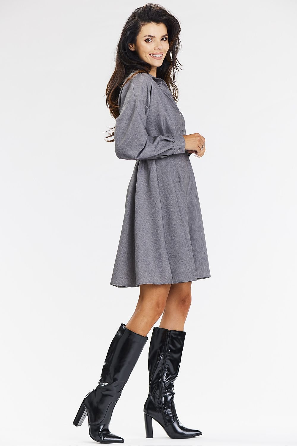 grey flared long sleeve day dress back view
