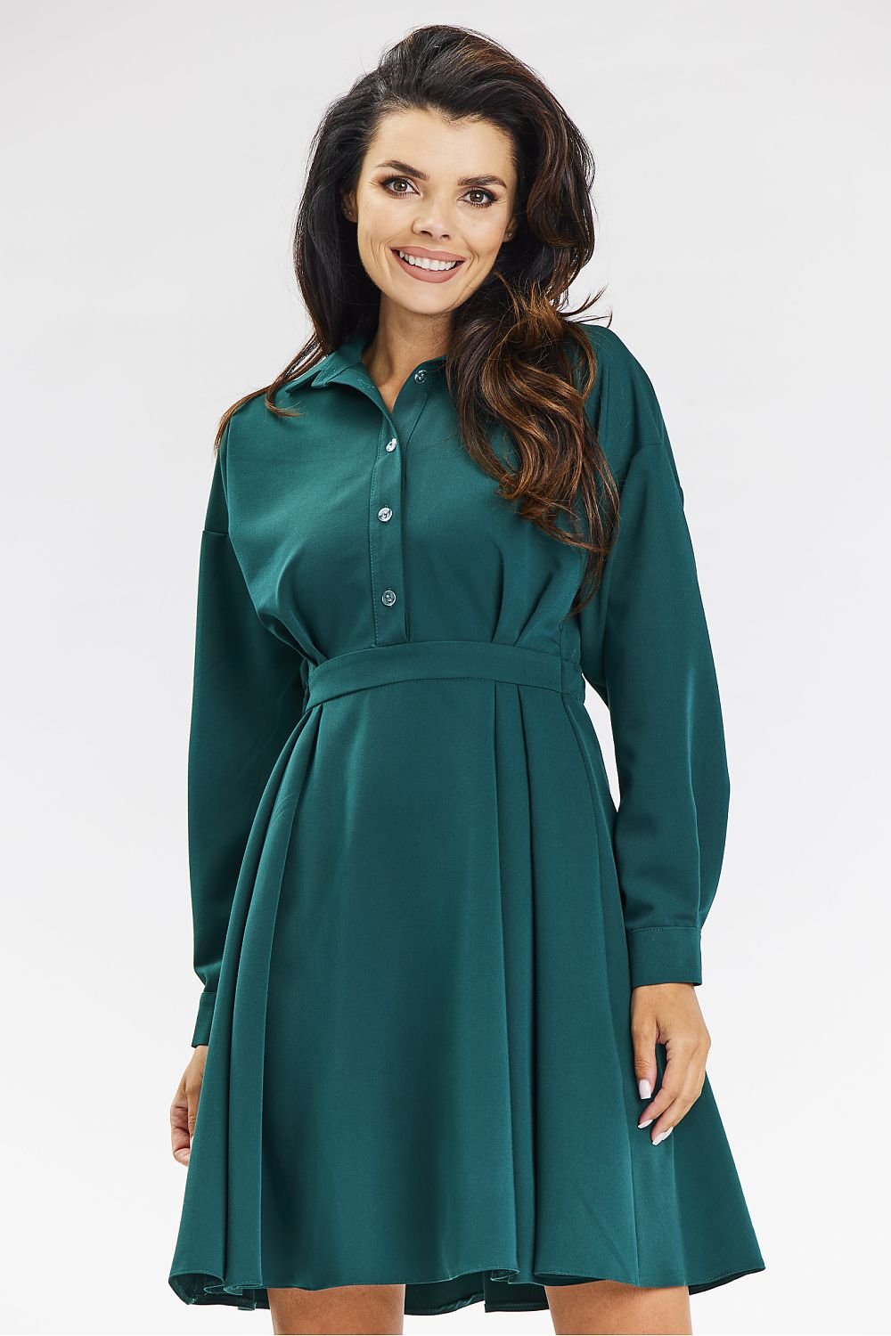 grey flared long sleeve day dress side view