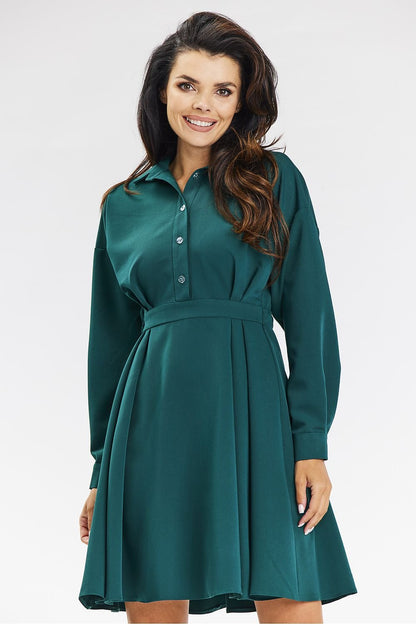 grey flared long sleeve day dress side view