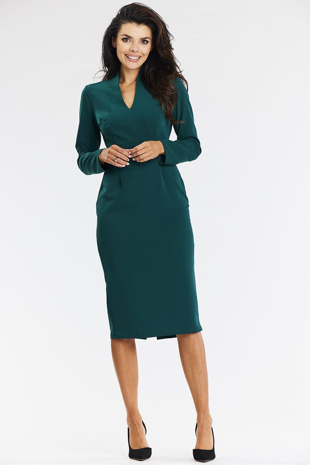 green long sleeve midi day dress alternate angle