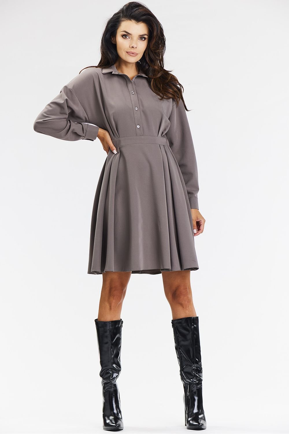 grey flared long sleeve day dress view 14