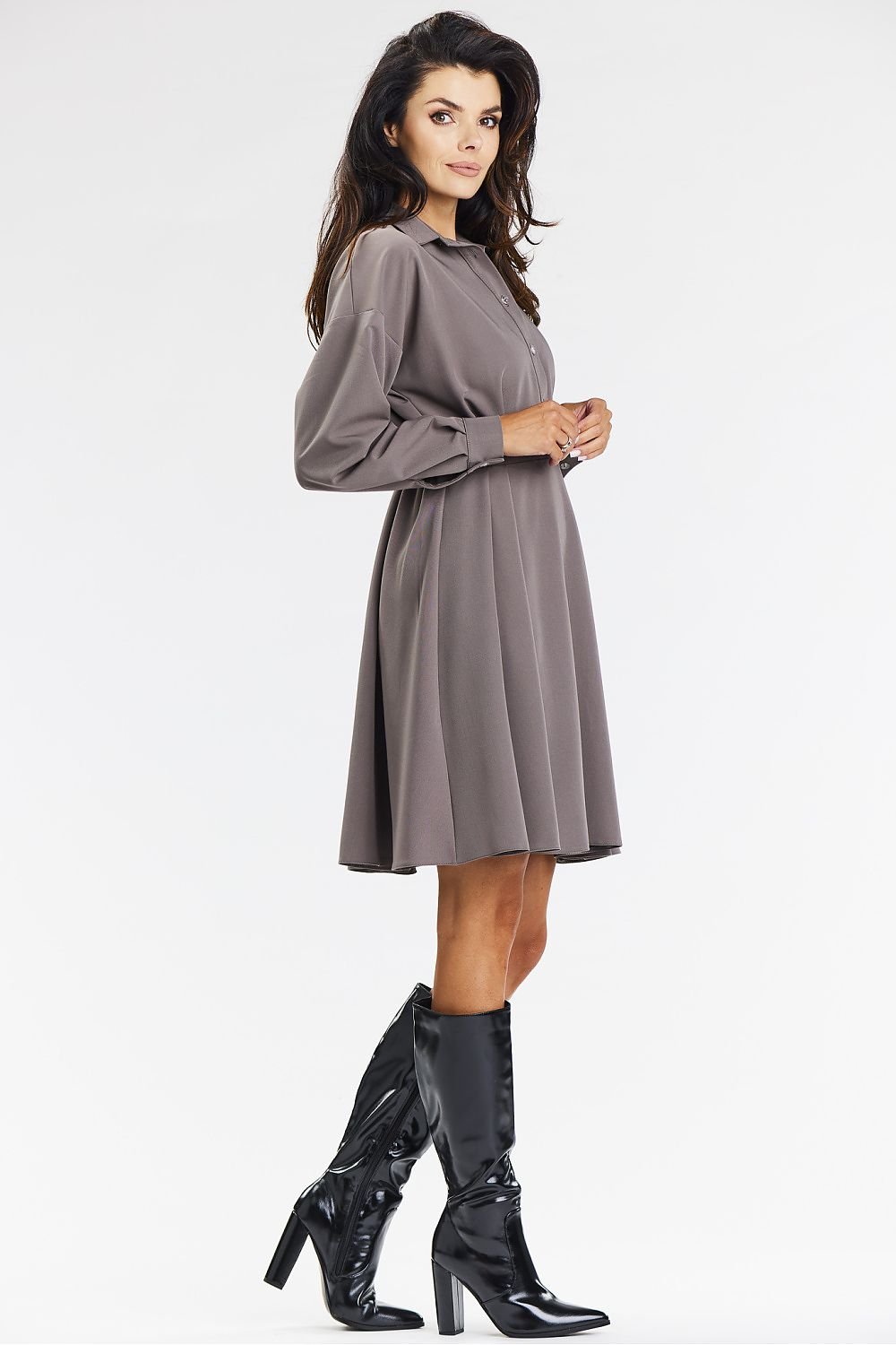 grey flared long sleeve day dress view 16