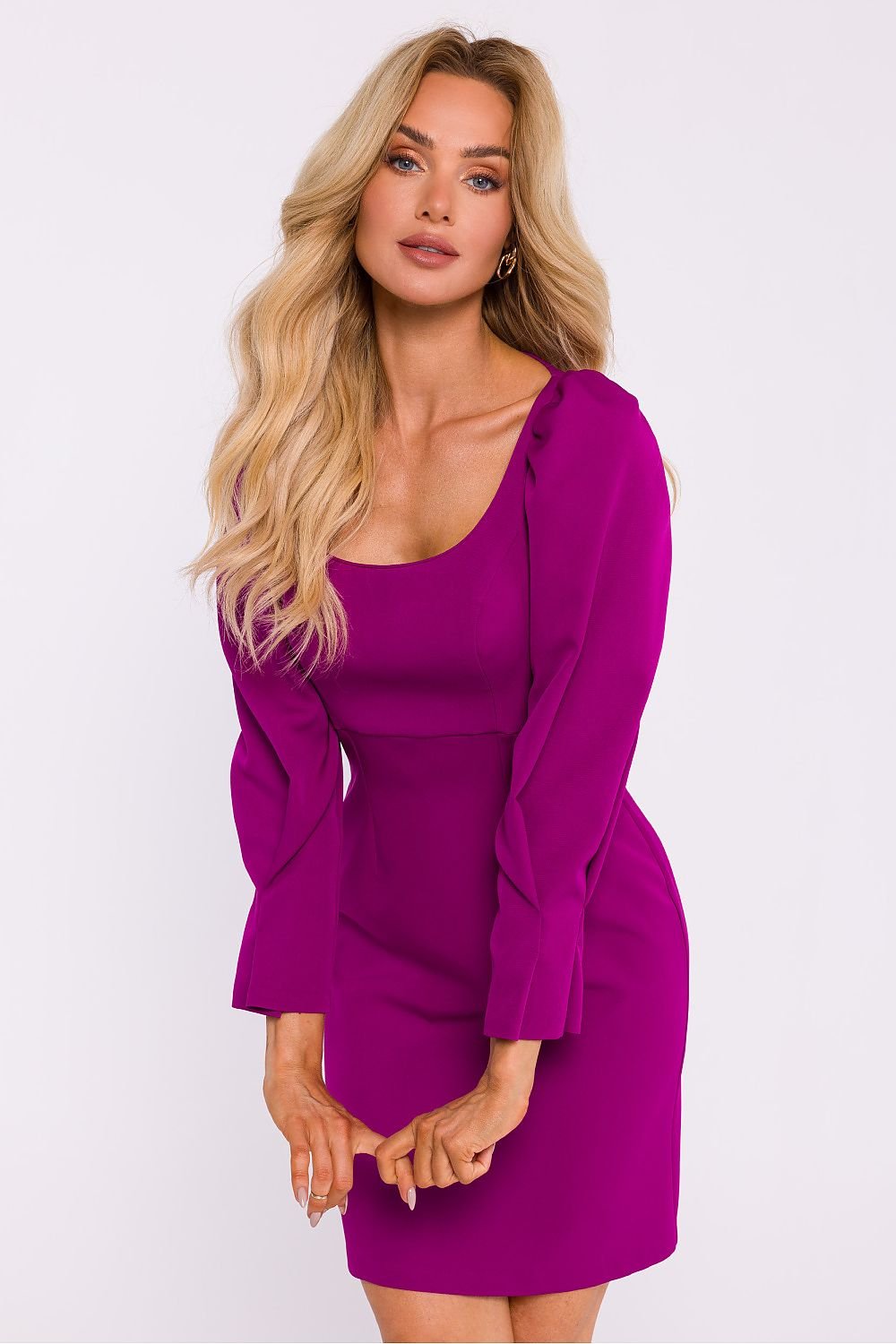 violet long sleeve square neck day dress front view