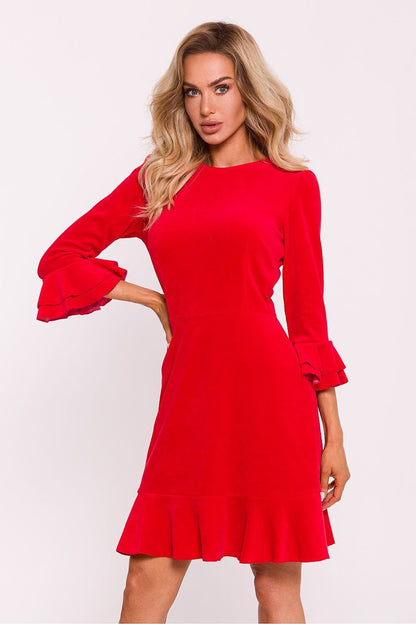 red ruffle mini day dress front view