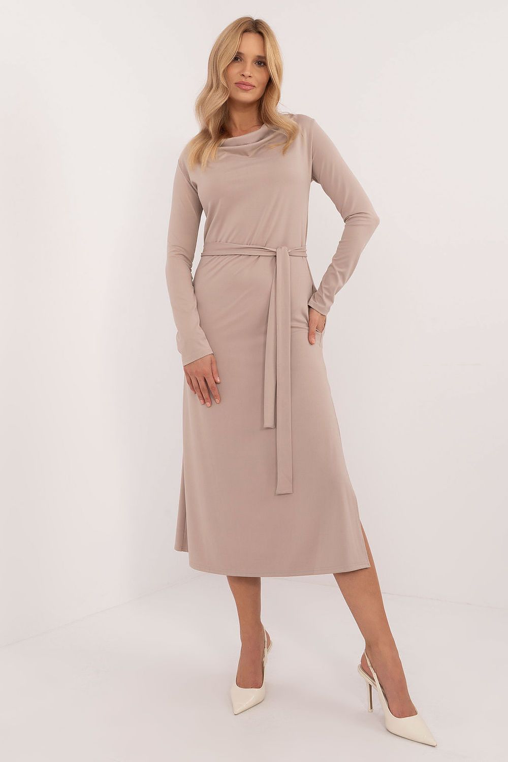 beige belted long sleeve day dress front view