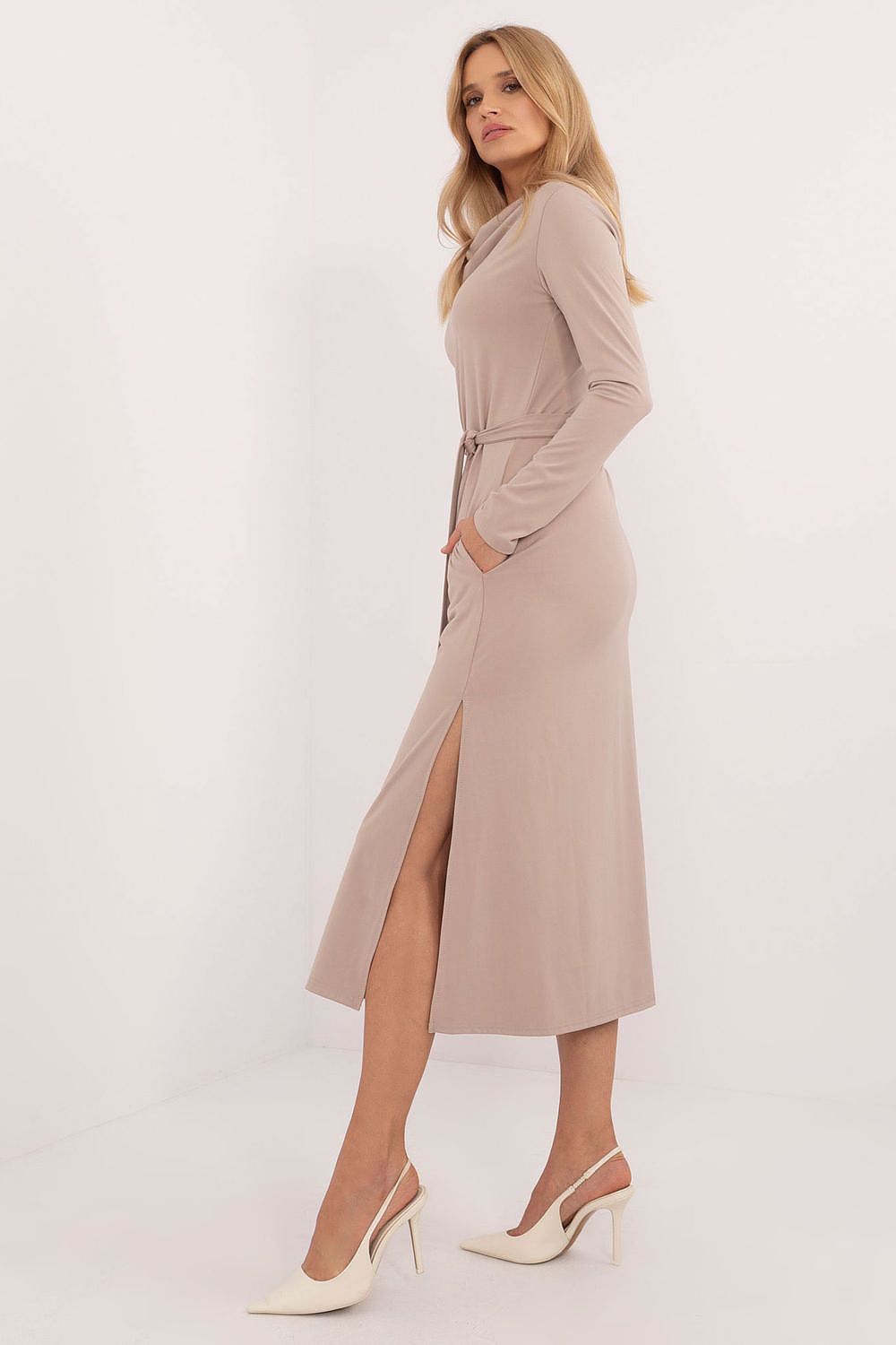 beige belted long sleeve day dress alternate angle