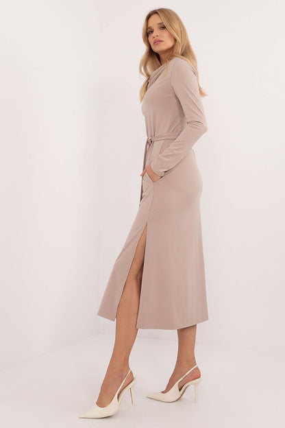 beige belted long sleeve day dress alternate angle