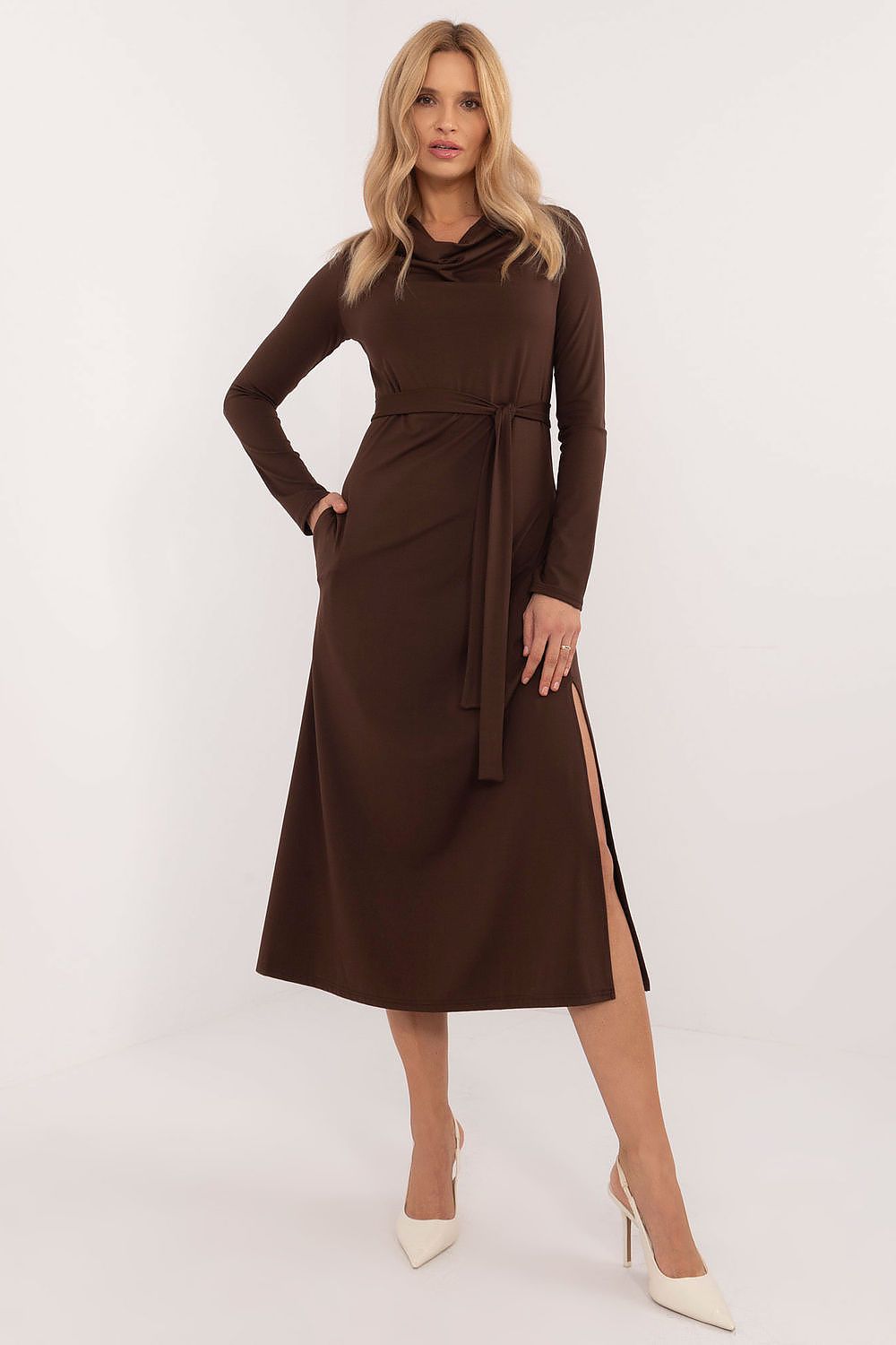 beige belted long sleeve day dress back view