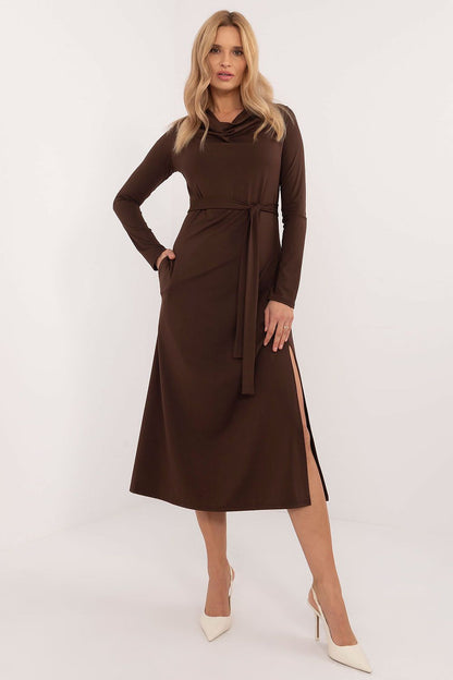 beige belted long sleeve day dress back view
