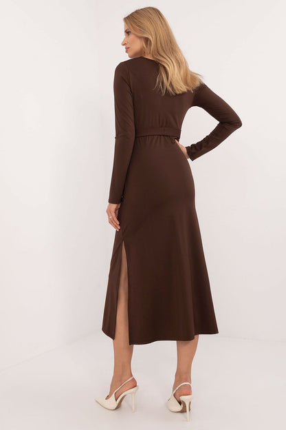 beige belted long sleeve day dress view 6