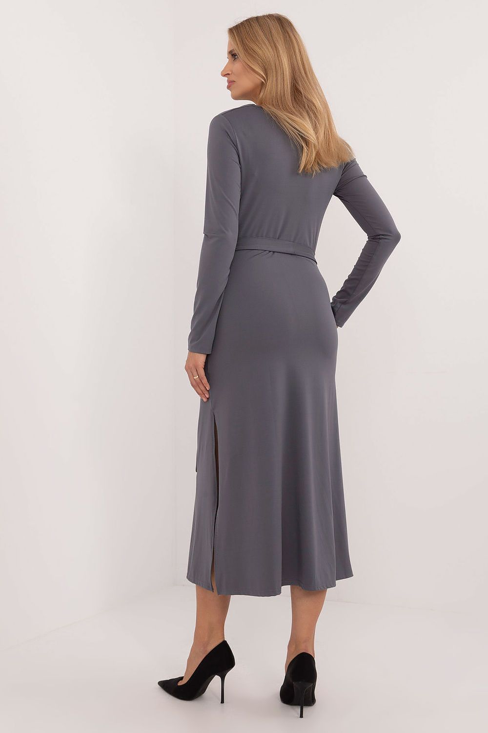 beige belted long sleeve day dress view 12