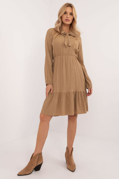 brown flared ruffle day dress front view