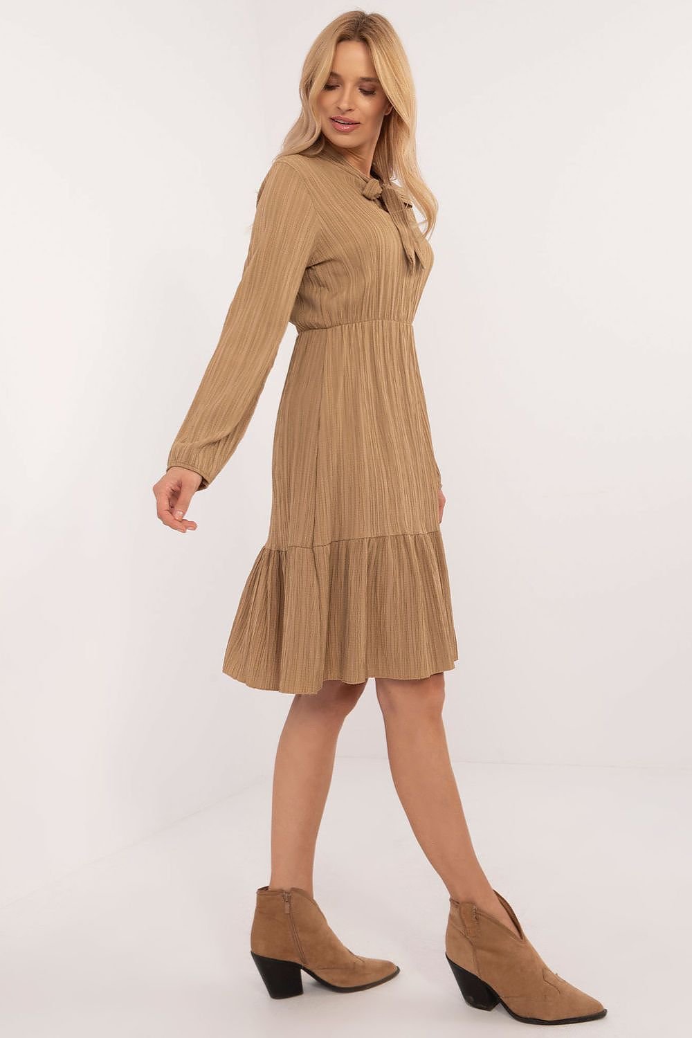 brown flared ruffle day dress alternate angle