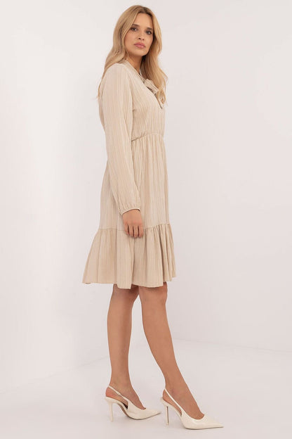 brown flared ruffle day dress side view