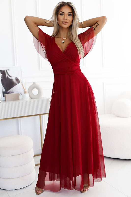 red tulle short sleeve long dress front view