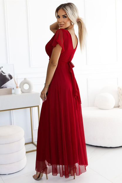 red tulle short sleeve long dress alternate angle