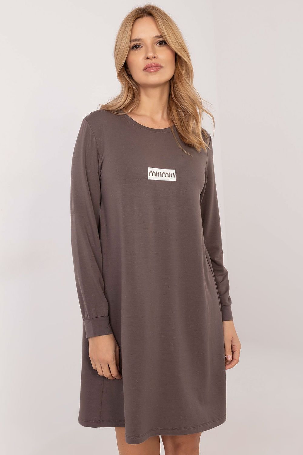 brown flared long sleeve day dress front view