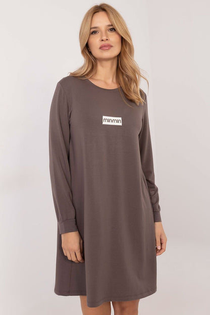 brown flared long sleeve day dress front view