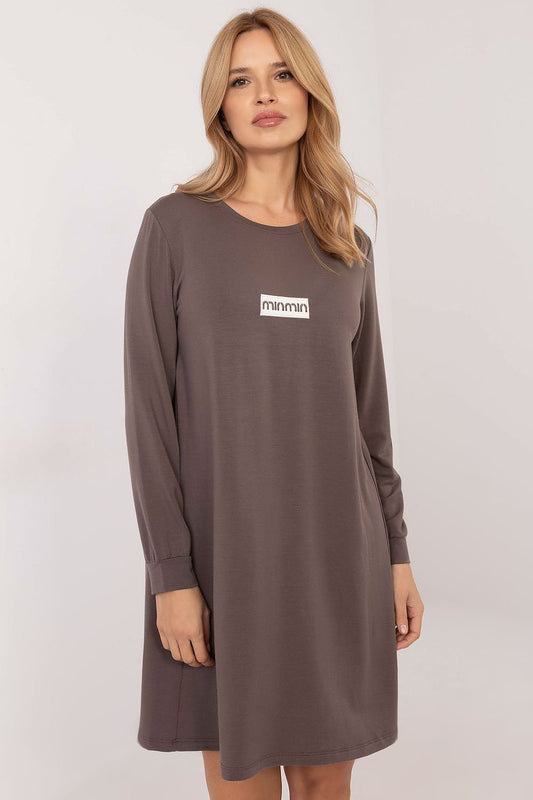 brown flared long sleeve day dress front view