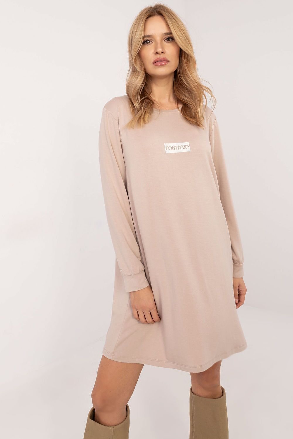 brown flared long sleeve day dress back view