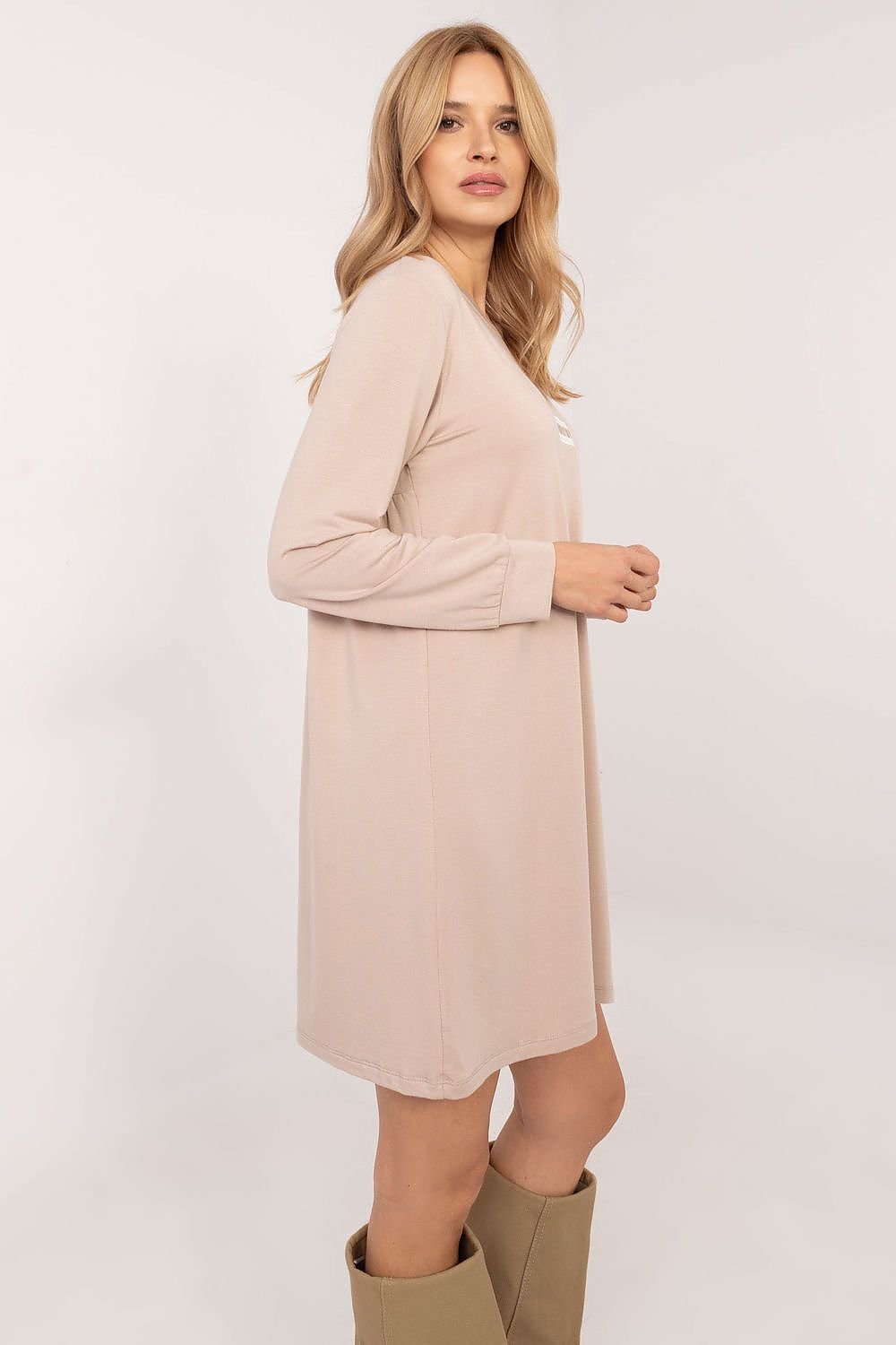 brown flared long sleeve day dress side view