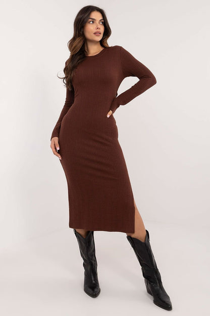 brown ribbed pencil day dress front view