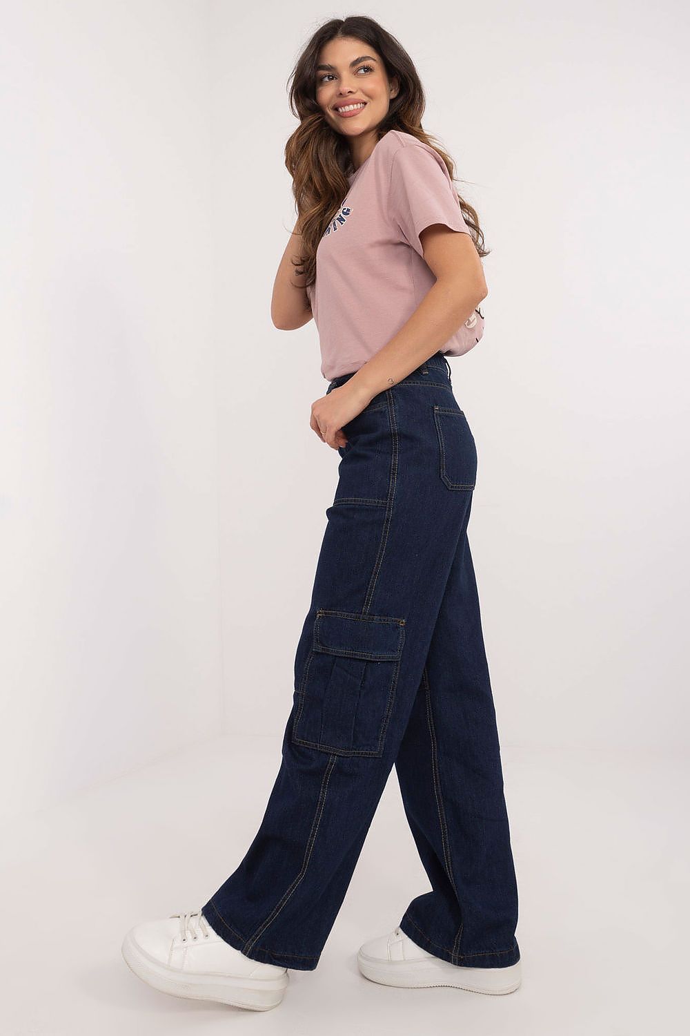 Women's Navy Blue, Beige, and Black Jeans side view