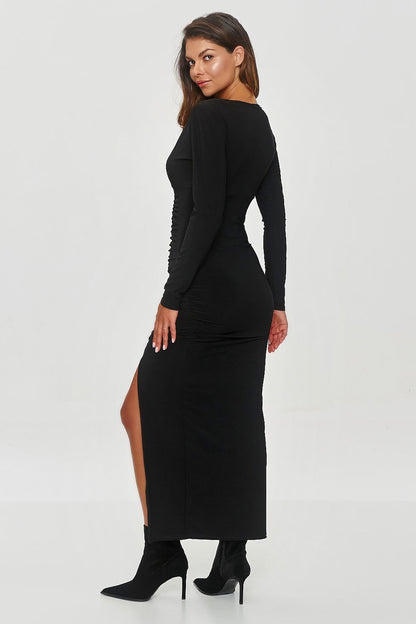 black long sleeve v-neck evening dress alternate angle