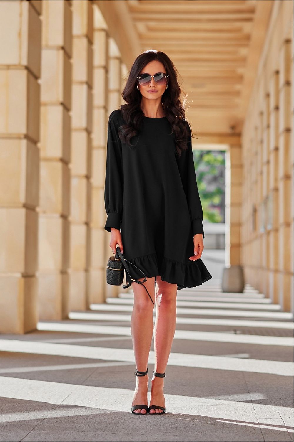 black ruffle belted day dress alternate angle